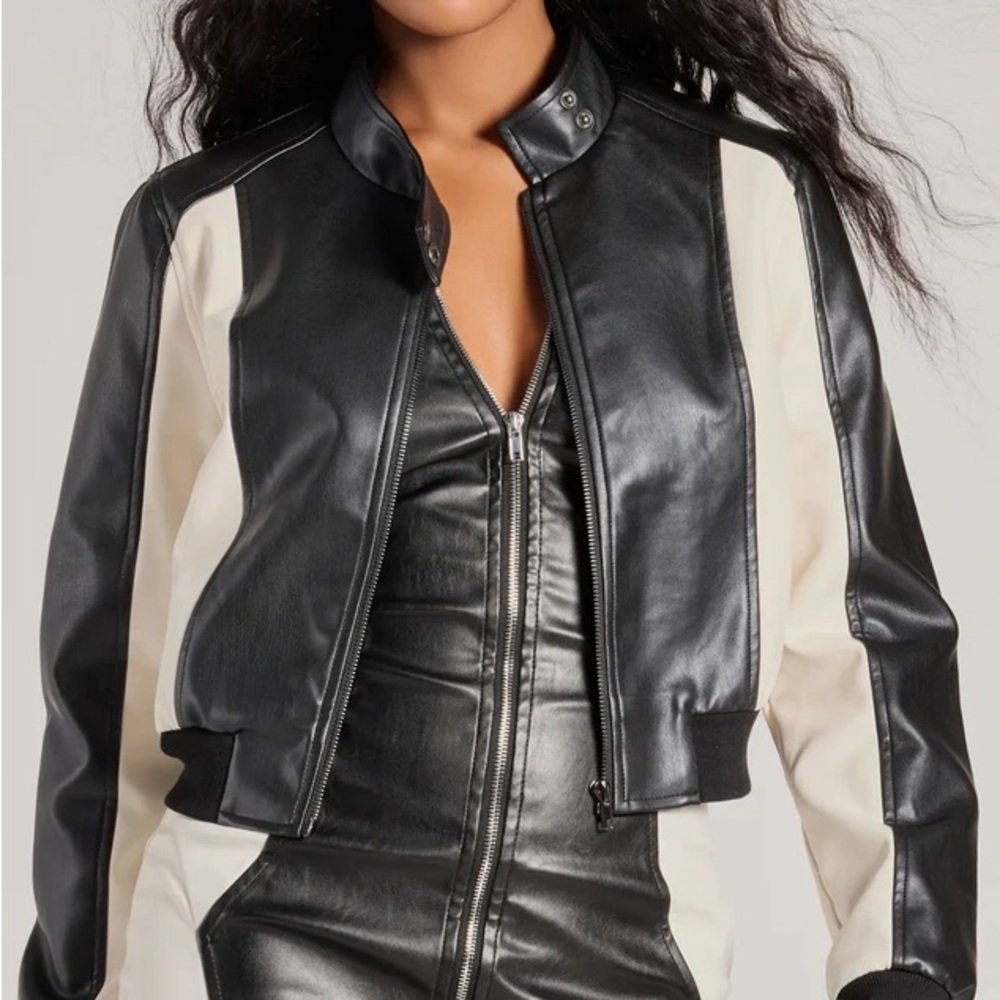 Women's Black and Cream Faux Leather Bomber Jacket